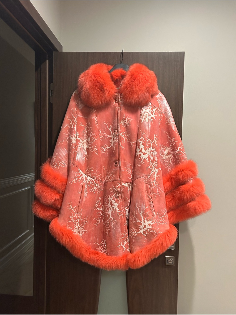 Women's Coral Red Fur-Trimmed Cape Coat